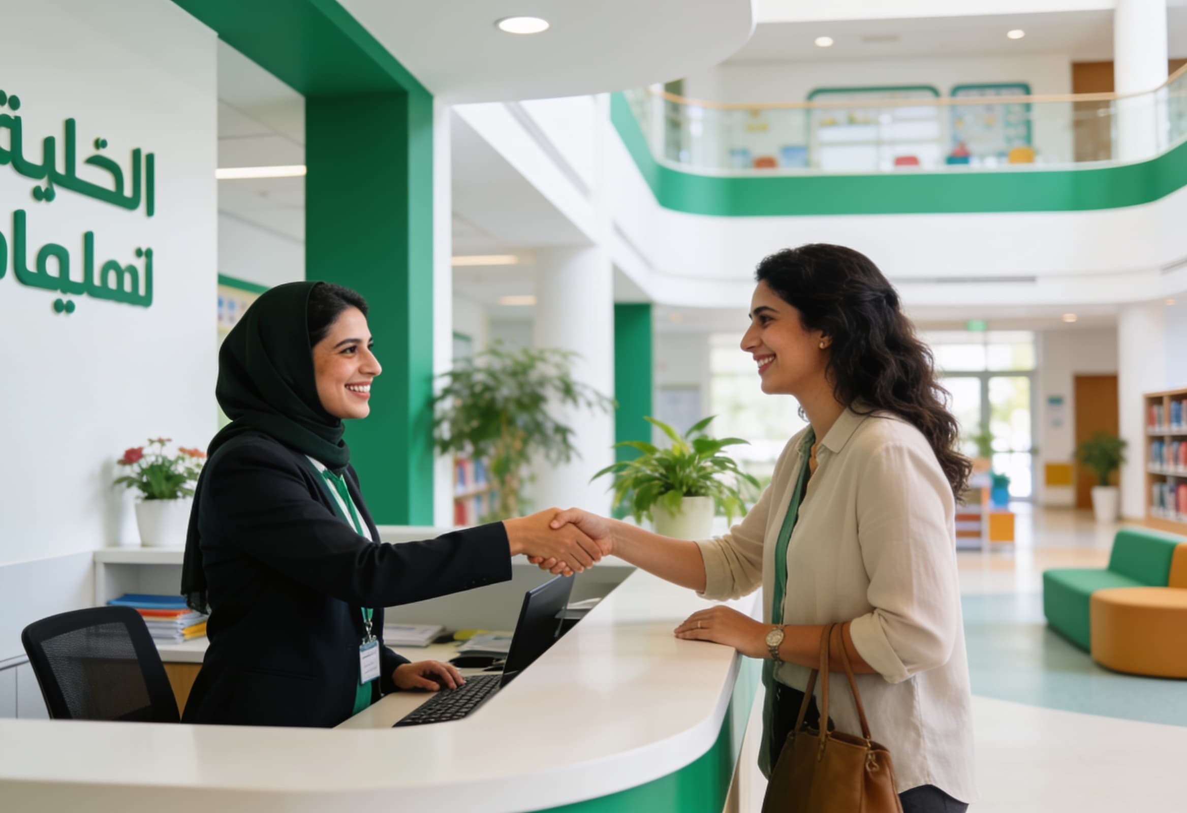 School admissions team responding to a parent enquiry at a UAE private school reception